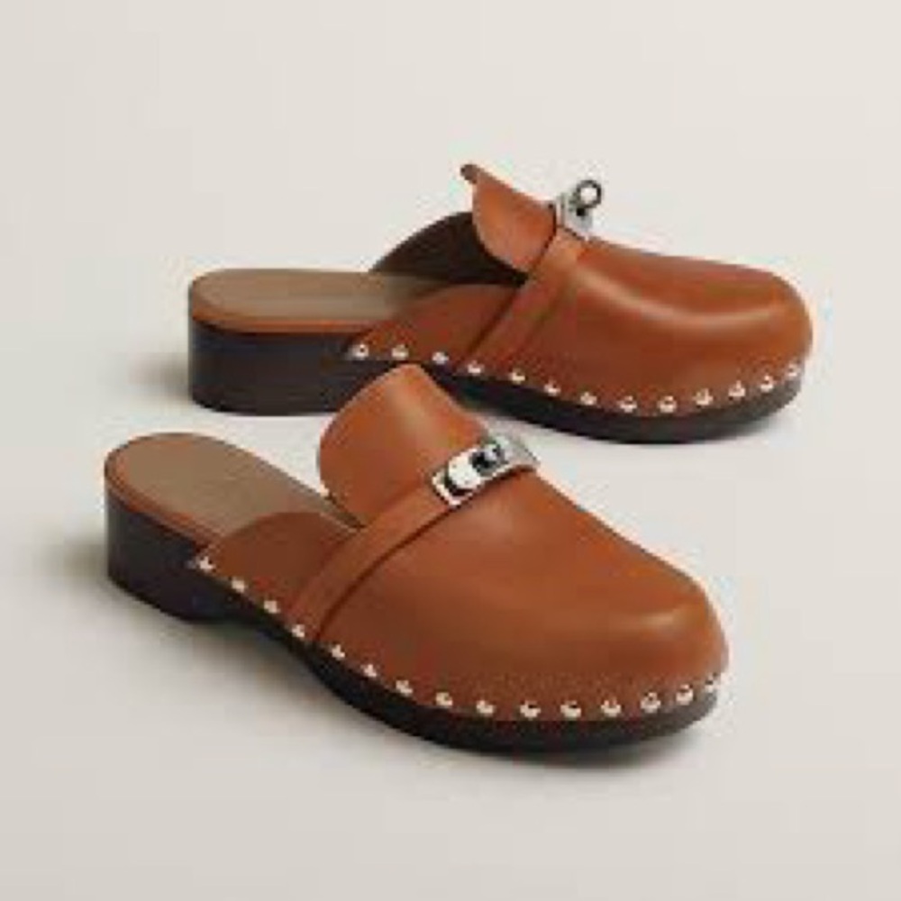 Brown Hermes Leather Clogs